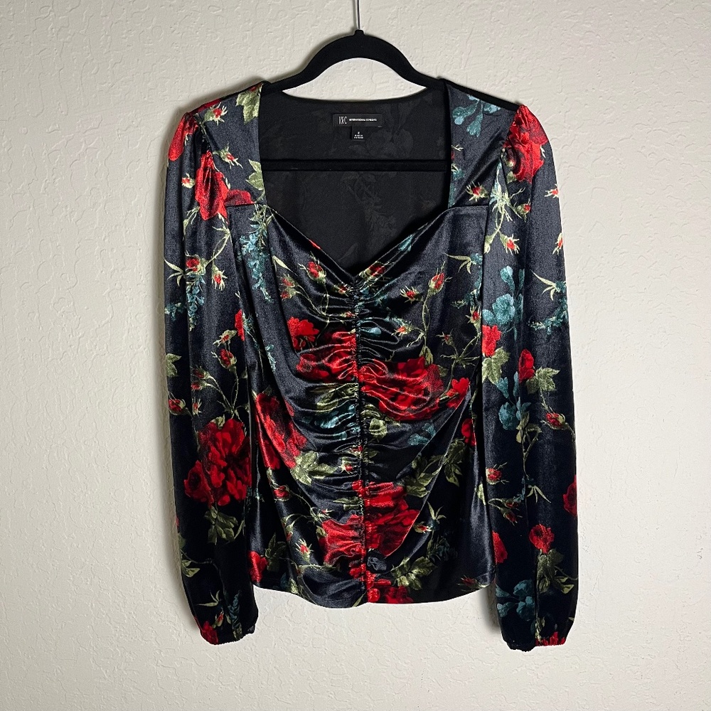 INC black floral velvet top, size Small, with sweetheart neckline, long sleeves